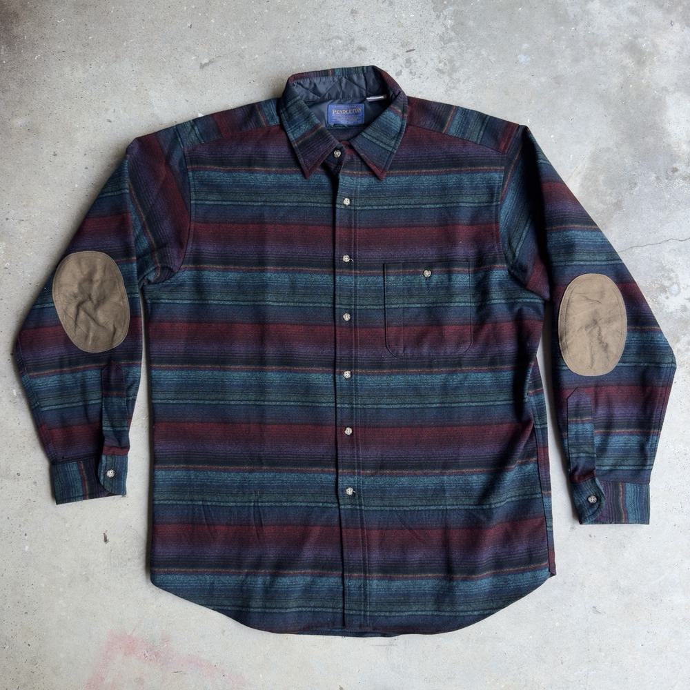 VTG Pendleton Western Lodge Wool Shirt Mens L USA Stripe Suede Elbow Patch 100%